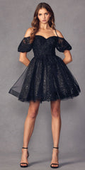 Black off-shoulder A-line tulle mini dress with sparkly corset bodice and puff sleeves