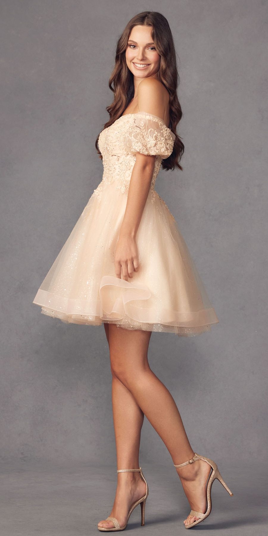 Champagne off-shoulder A-line tulle mini dress with lace bodice and puff sleeves