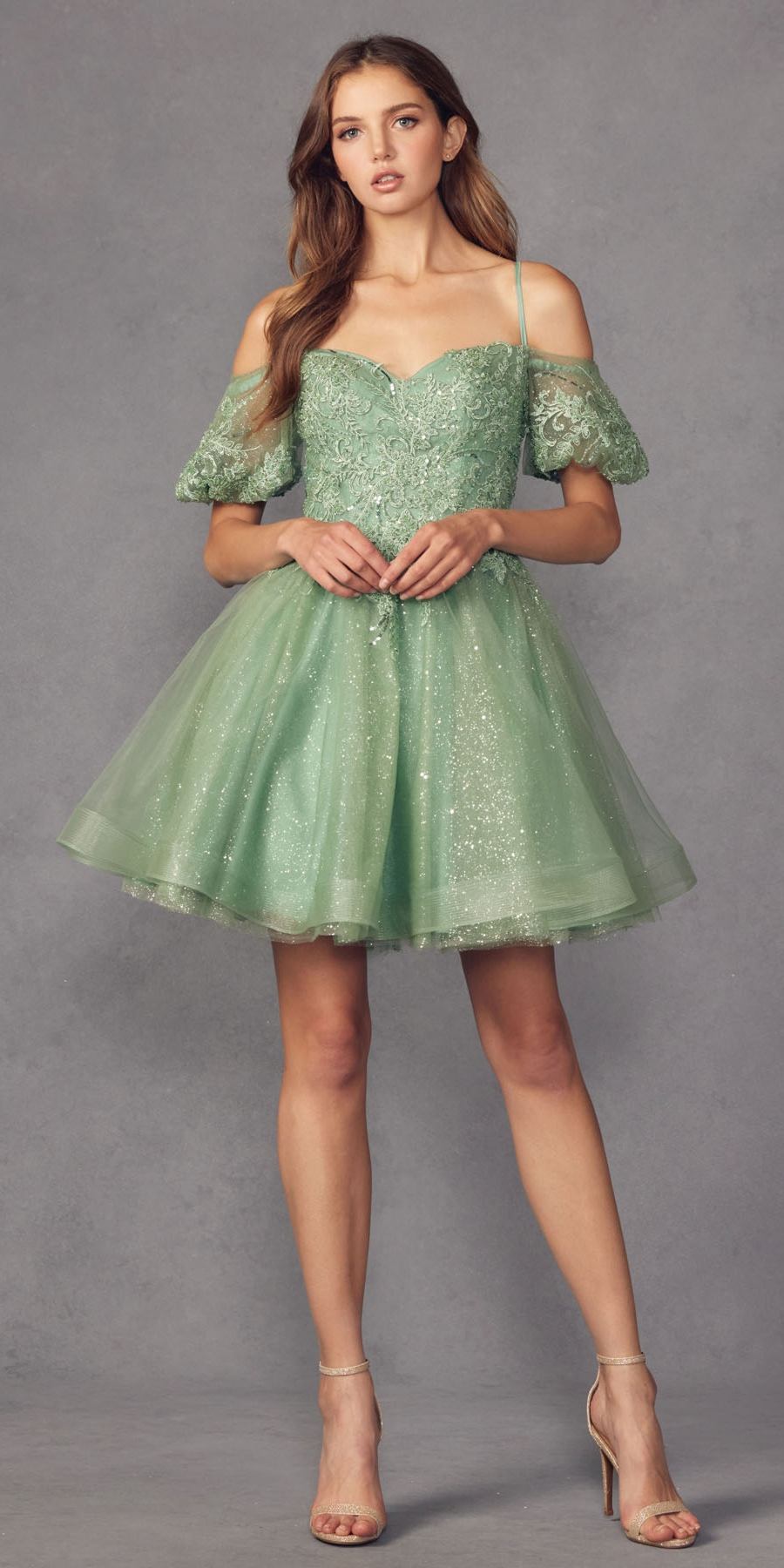 Green off-shoulder A-line tulle mini dress with sparkly corset bodice and puff sleeves