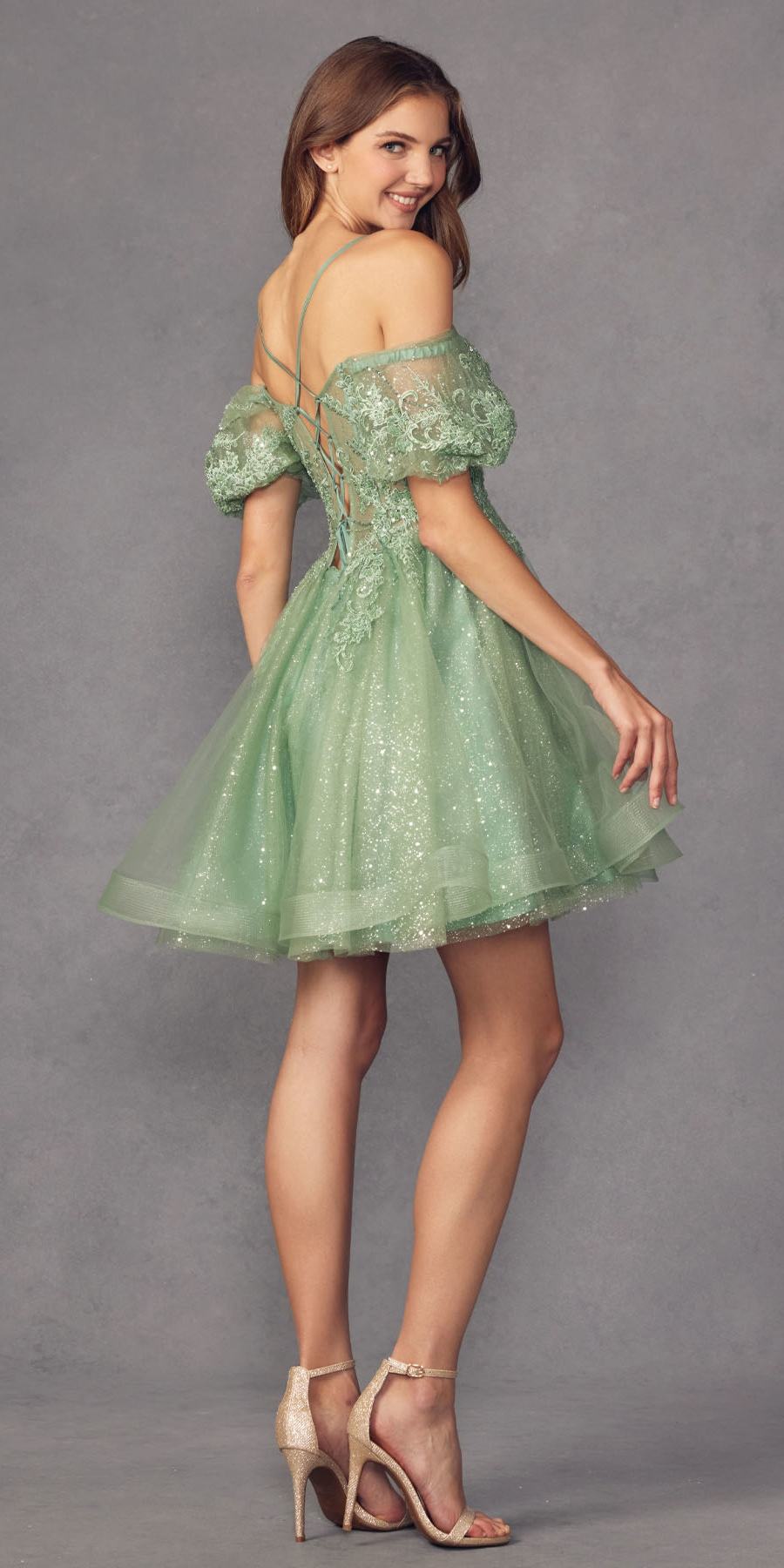 Off-shoulder puff-sleeve tulle A-line dress, short, sparkling green, side view