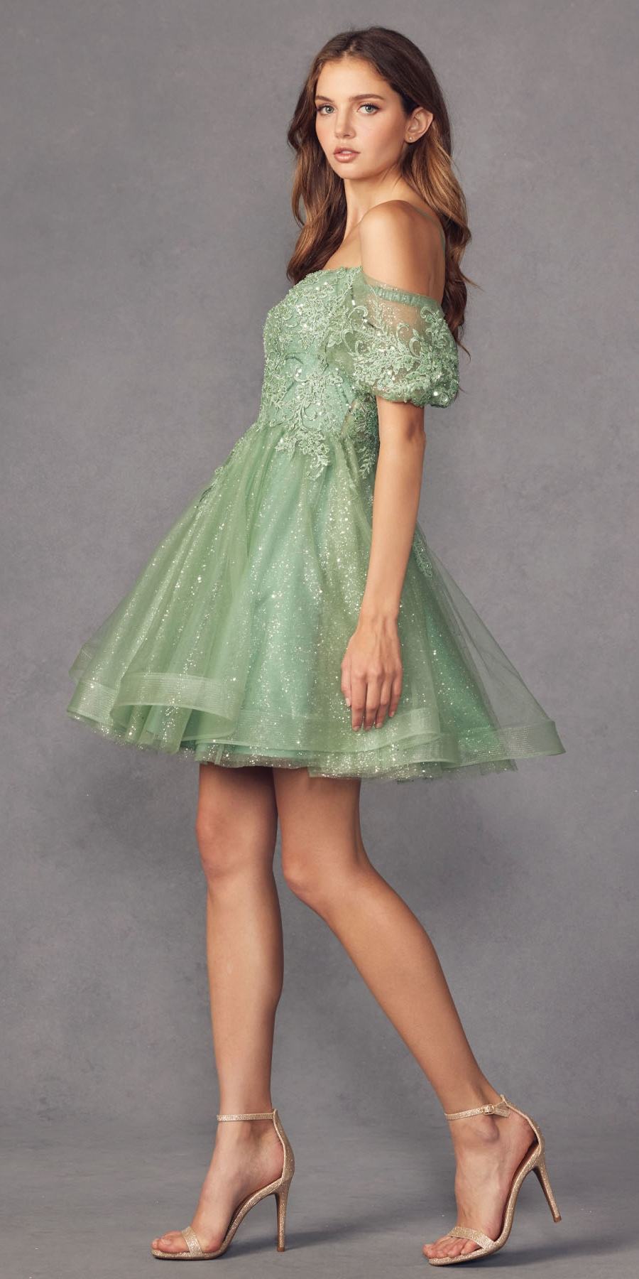 Off-shoulder puff-sleeve tulle A-line dress, short, sparkling green, front view