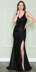 Black sequin V-neck sleeveless floor-length dress with thigh slit