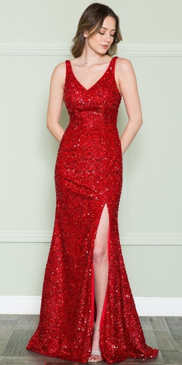 Red sequin V-neck sleeveless floor-length dress with thigh slit