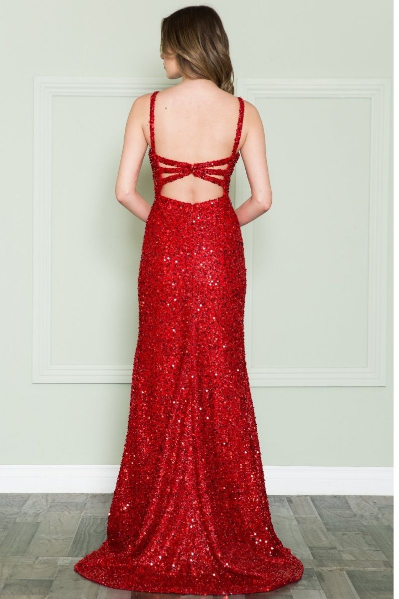 Red sequin V-neck open-back sleeveless floor-length dress with thigh slit