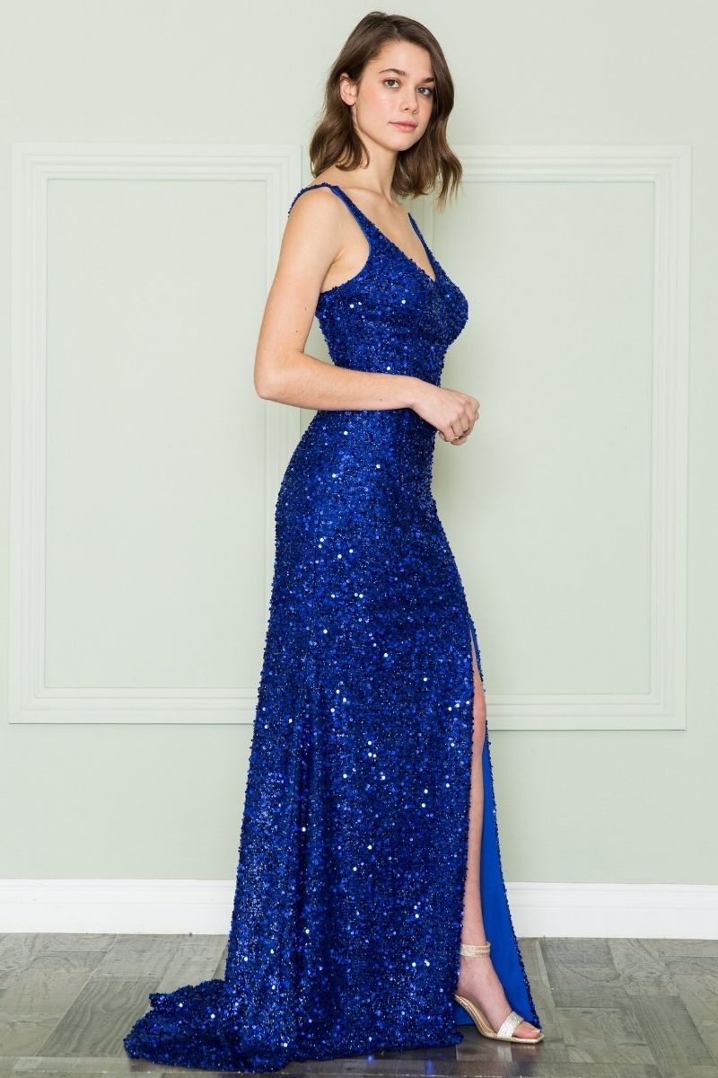 Blue sequin V-neck sleeveless floor-length dress with thigh slit