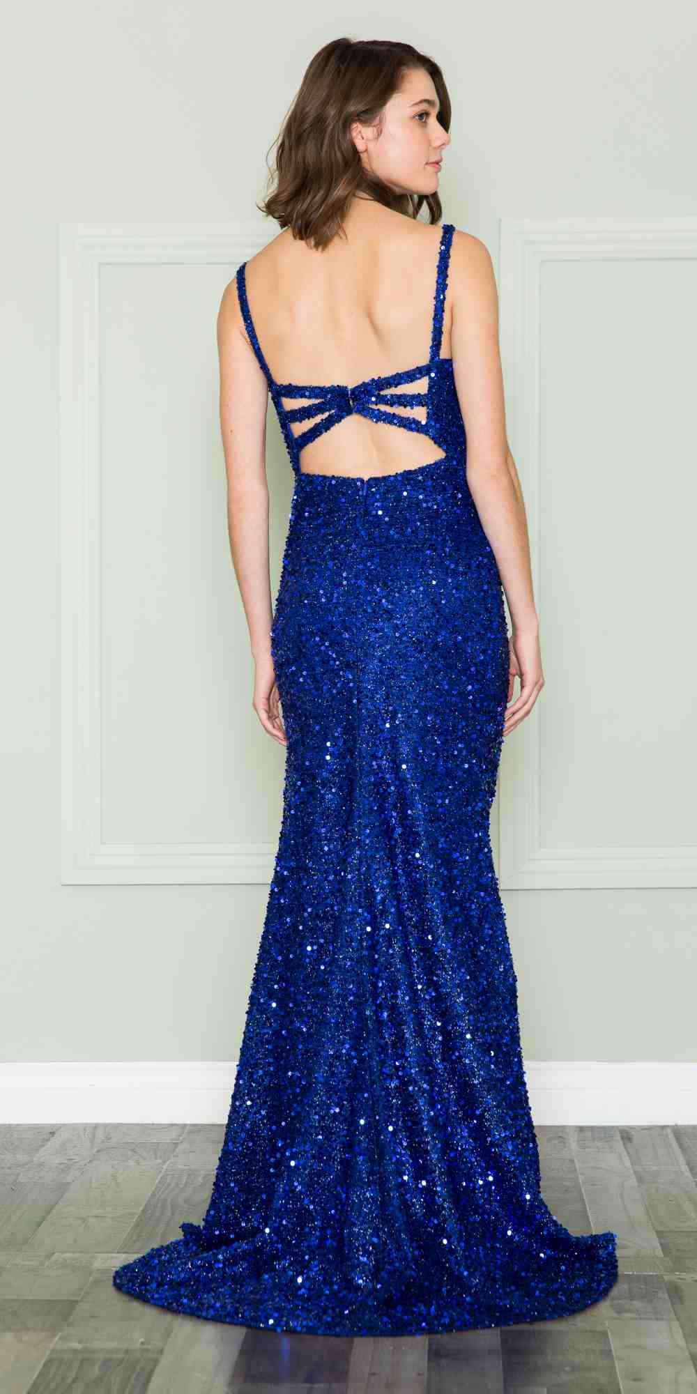 Blue sequin V-neck backless strappy floor-length dress with thigh slit