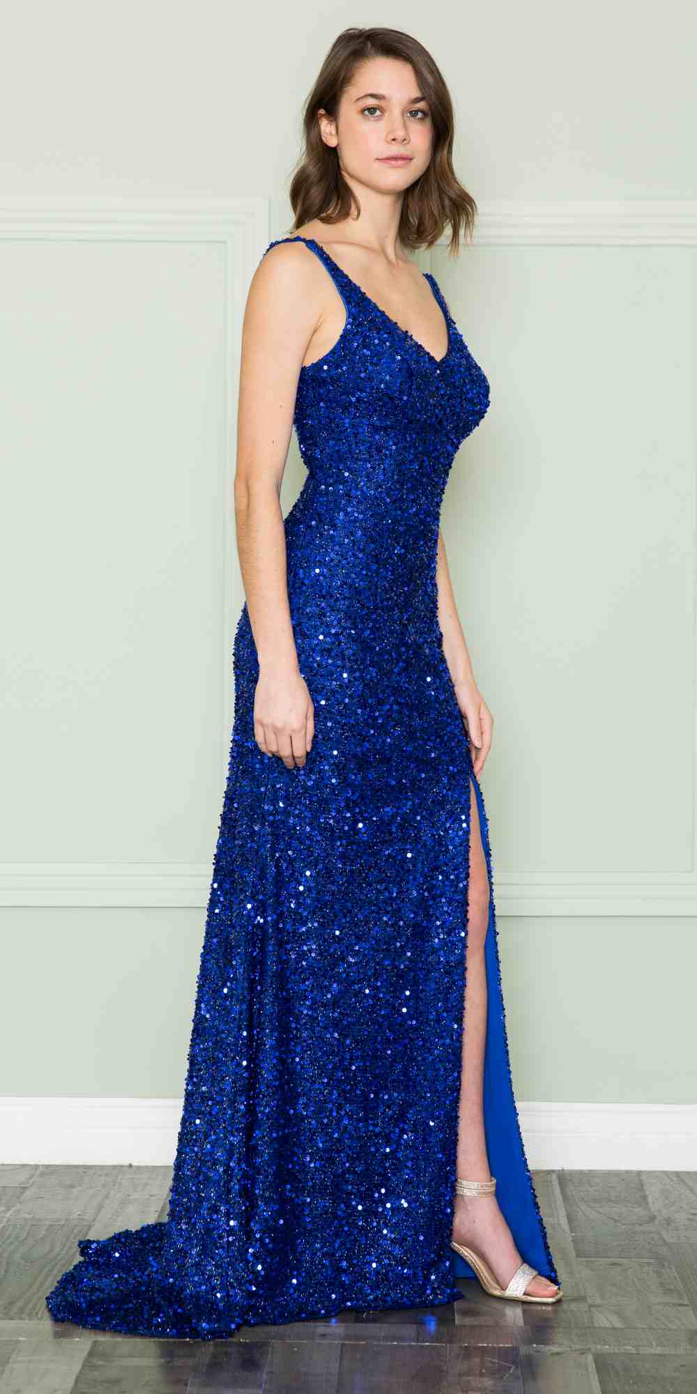 Blue sequin V-neck sleeveless floor-length dress with side slit