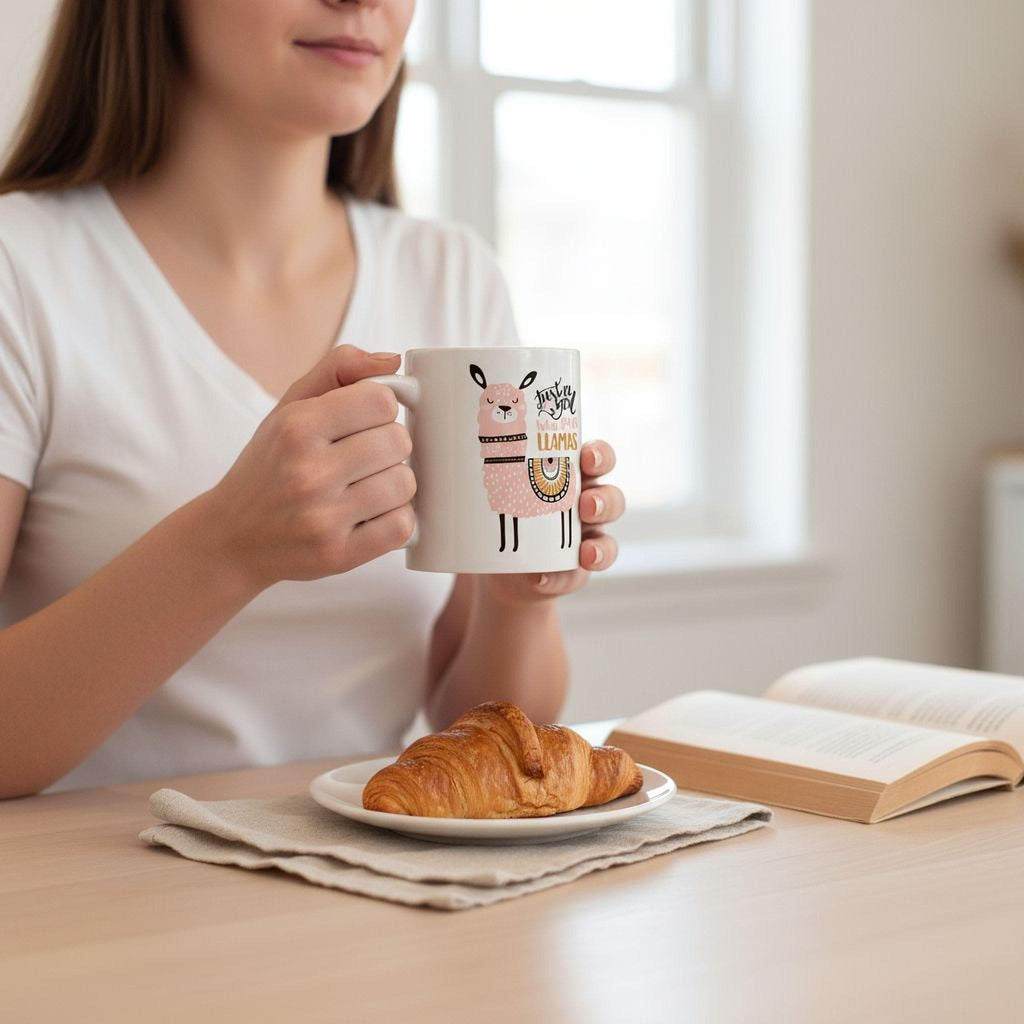 Ceramic llama coffee mug held by person, white cup with colorful llama print