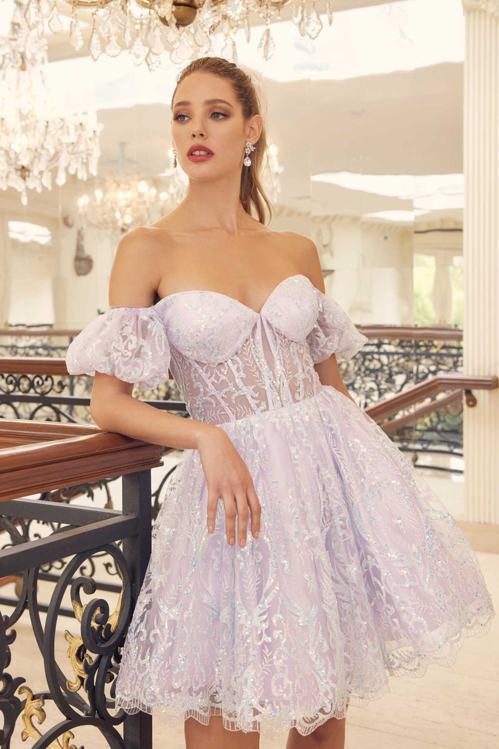Light lavender off-shoulder A-line dress with puff sleeves and corset bodice