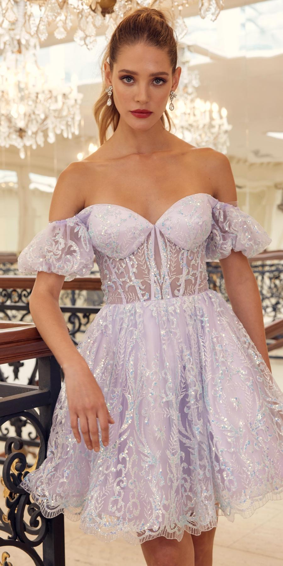 Snow lilac off-shoulder lace corset bodice A-line dress with puff sleeves