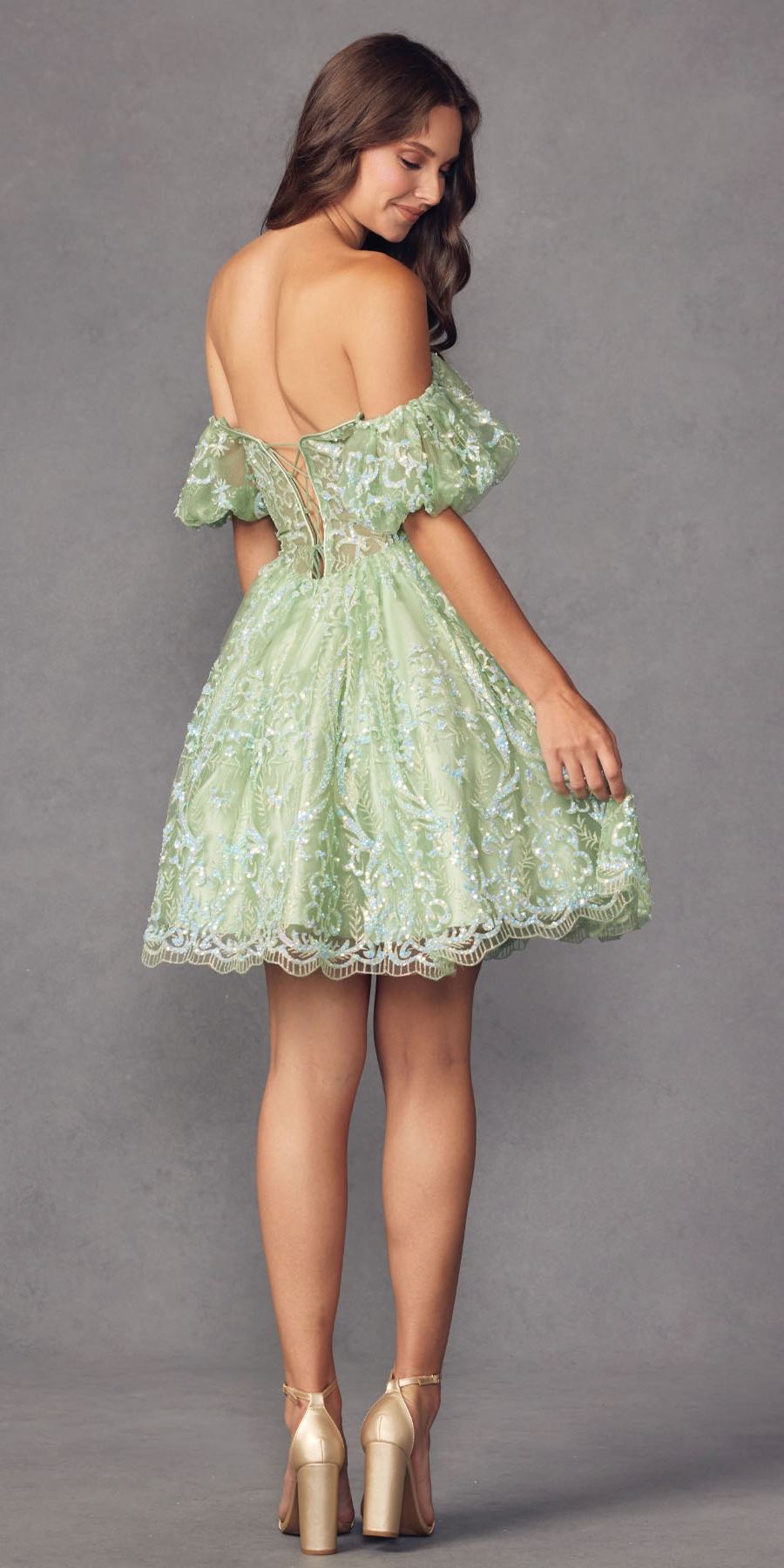 Sage green off-shoulder A-line corset dress with lace puff sleeves, side view