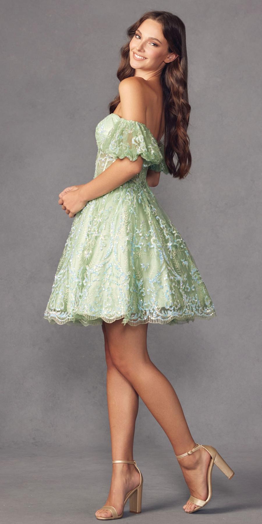 Sage green off-shoulder A-line corset dress with lace puff sleeves and skirt