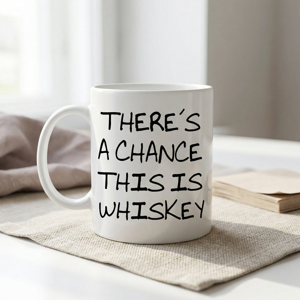 White whiskey mug with black quote: “THERE'S A CHANCE THIS IS WHISKEY”