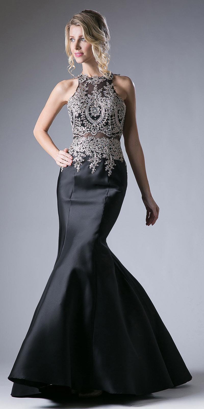 Black embroidered mermaid gown with high neckline and fitted flared skirt