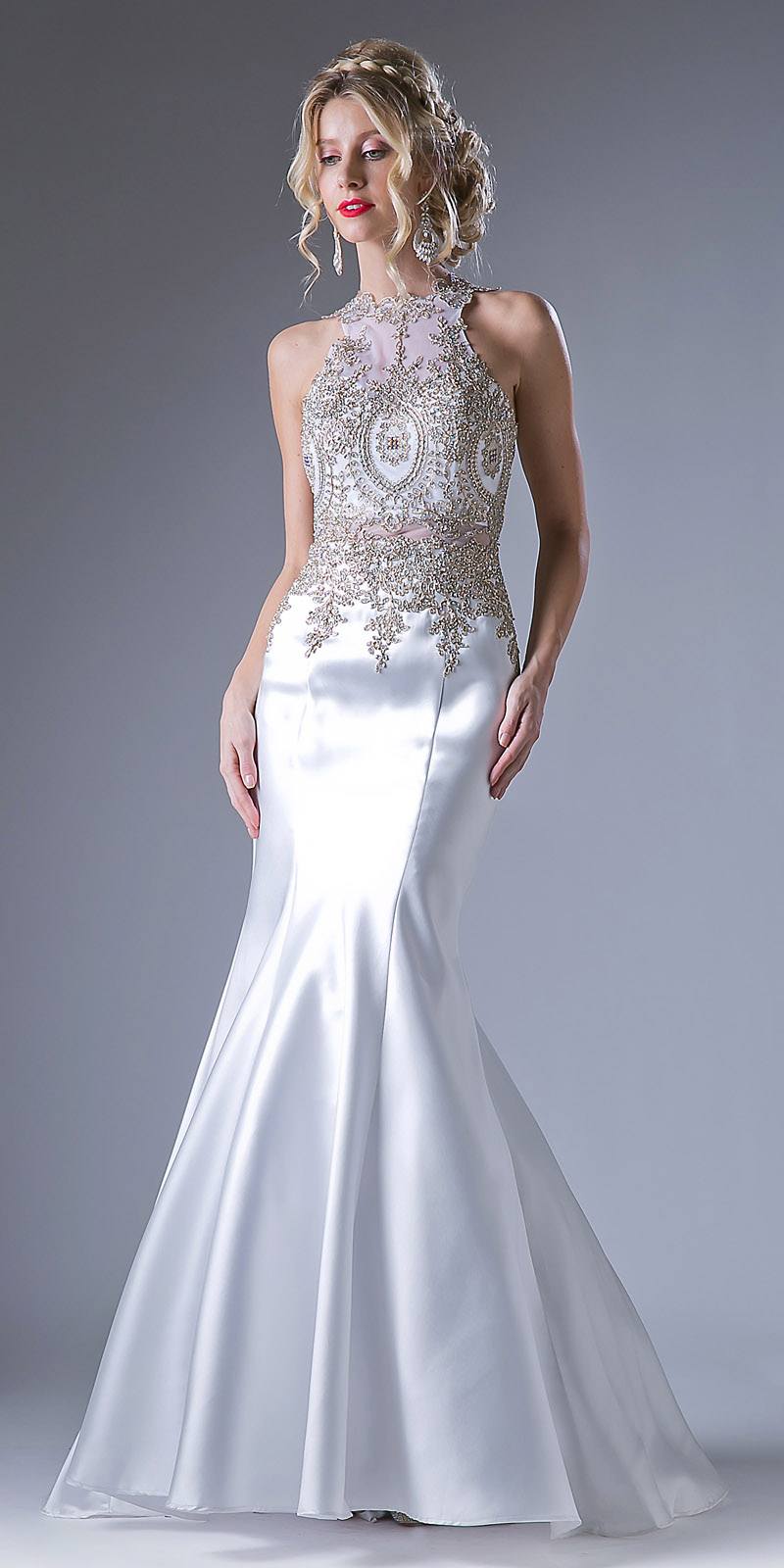 Silver-toned embroidered mermaid gown with high neckline and sleeveless bodice