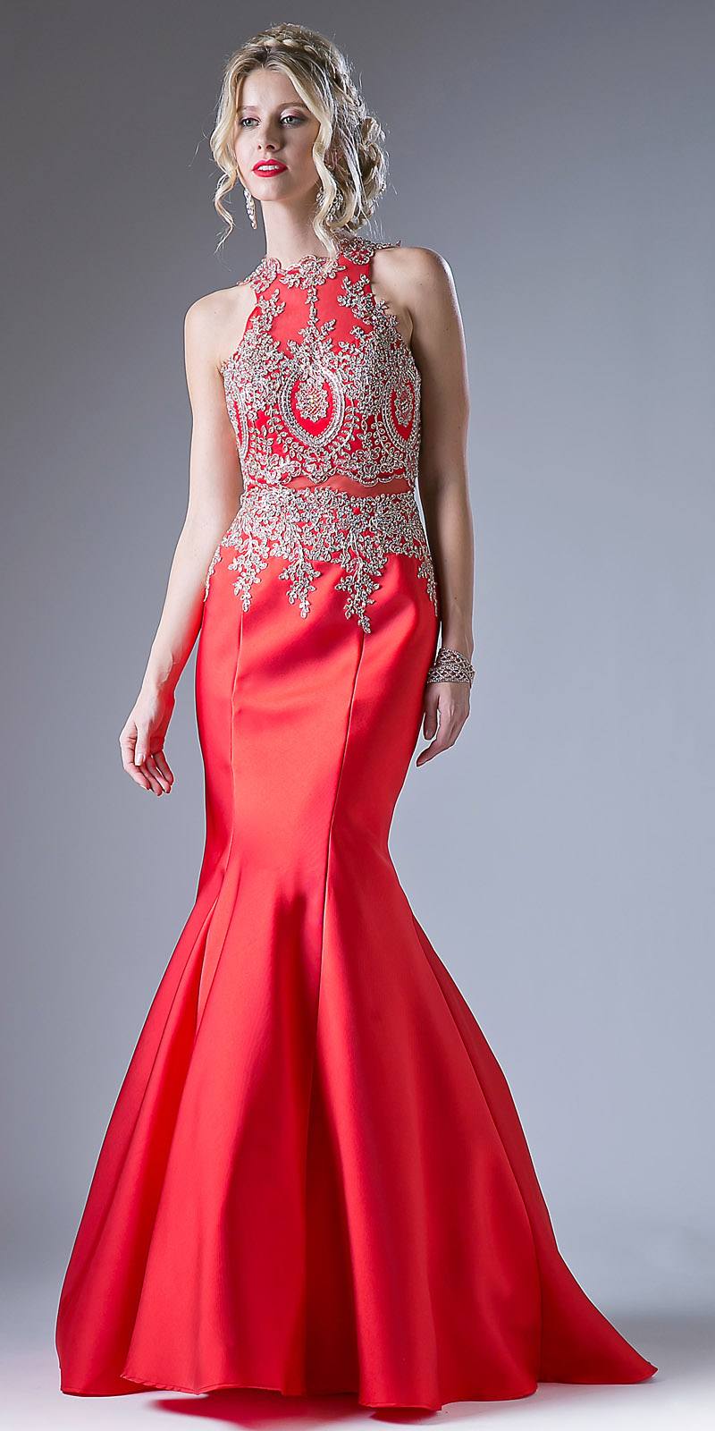 Red embroidered mermaid gown with high neckline and cutwork bodice