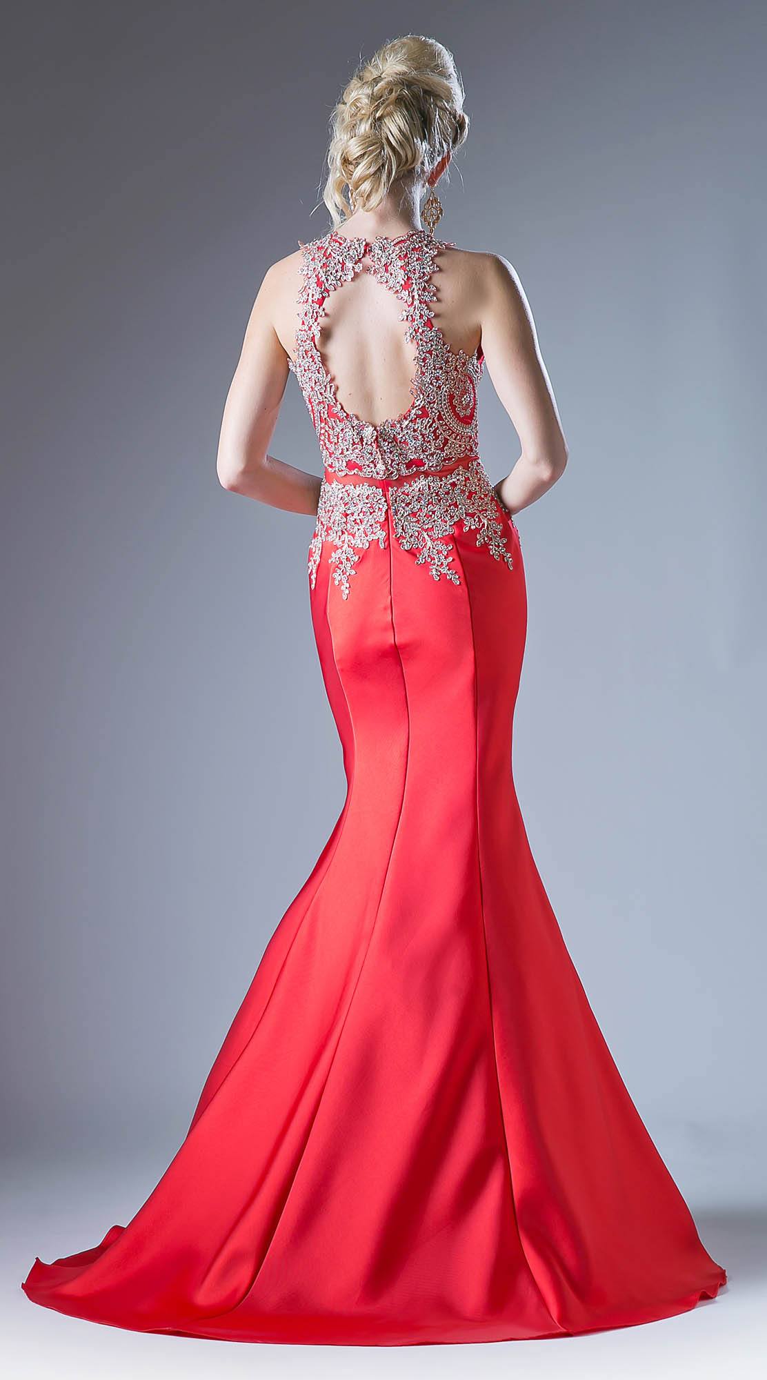 Red embroidered mermaid gown with open back bodice