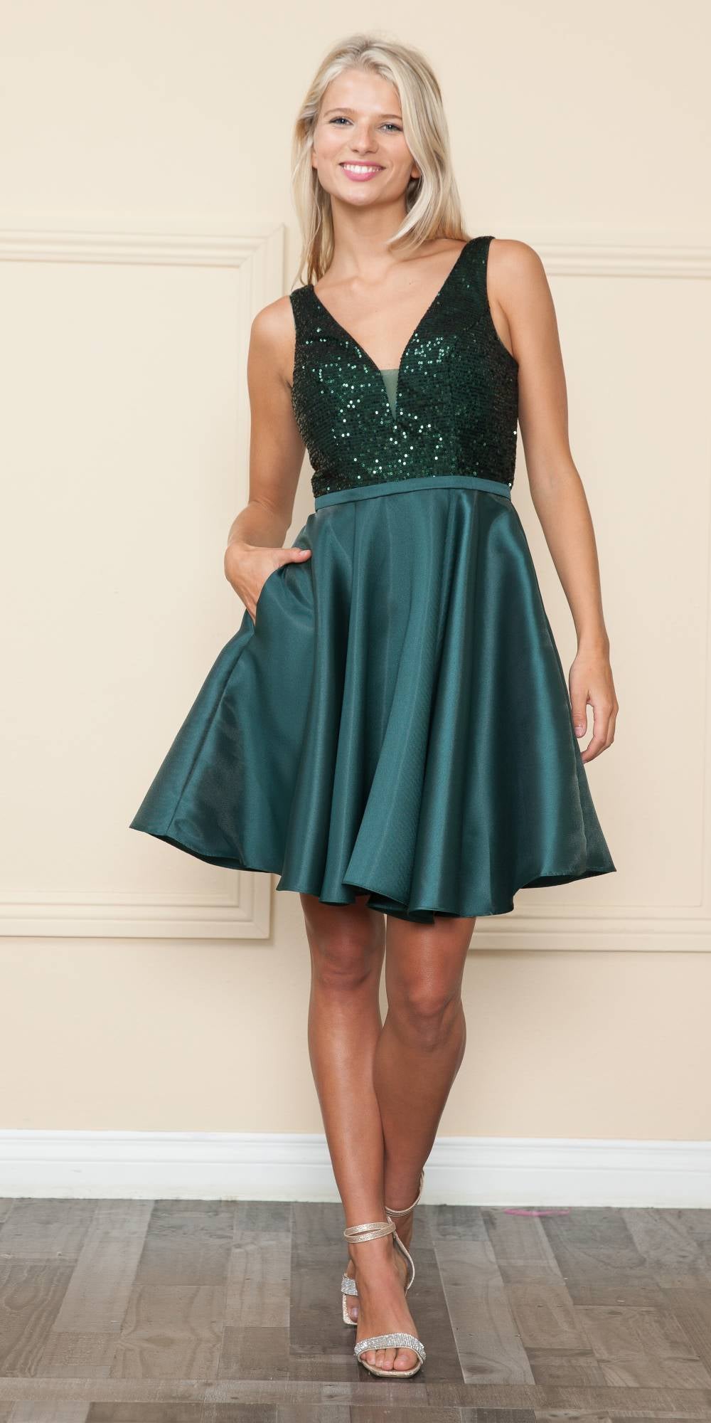 Dark teal sequin bodice A-line dress with V-neck, sleeveless fit-and-flare skirt