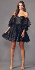 Black glitter A-line short dress with off-shoulder neckline and detachable puff sleeves