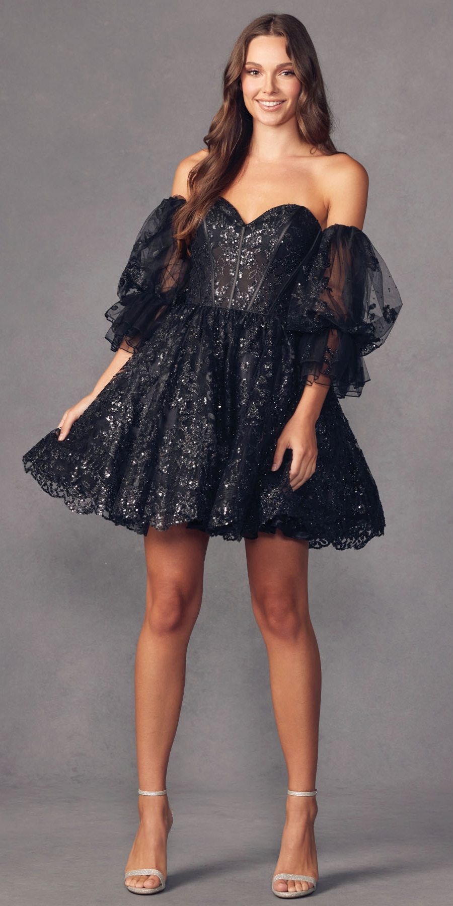 Black glitter A-line short dress with off-shoulder neckline and detachable puff sleeves