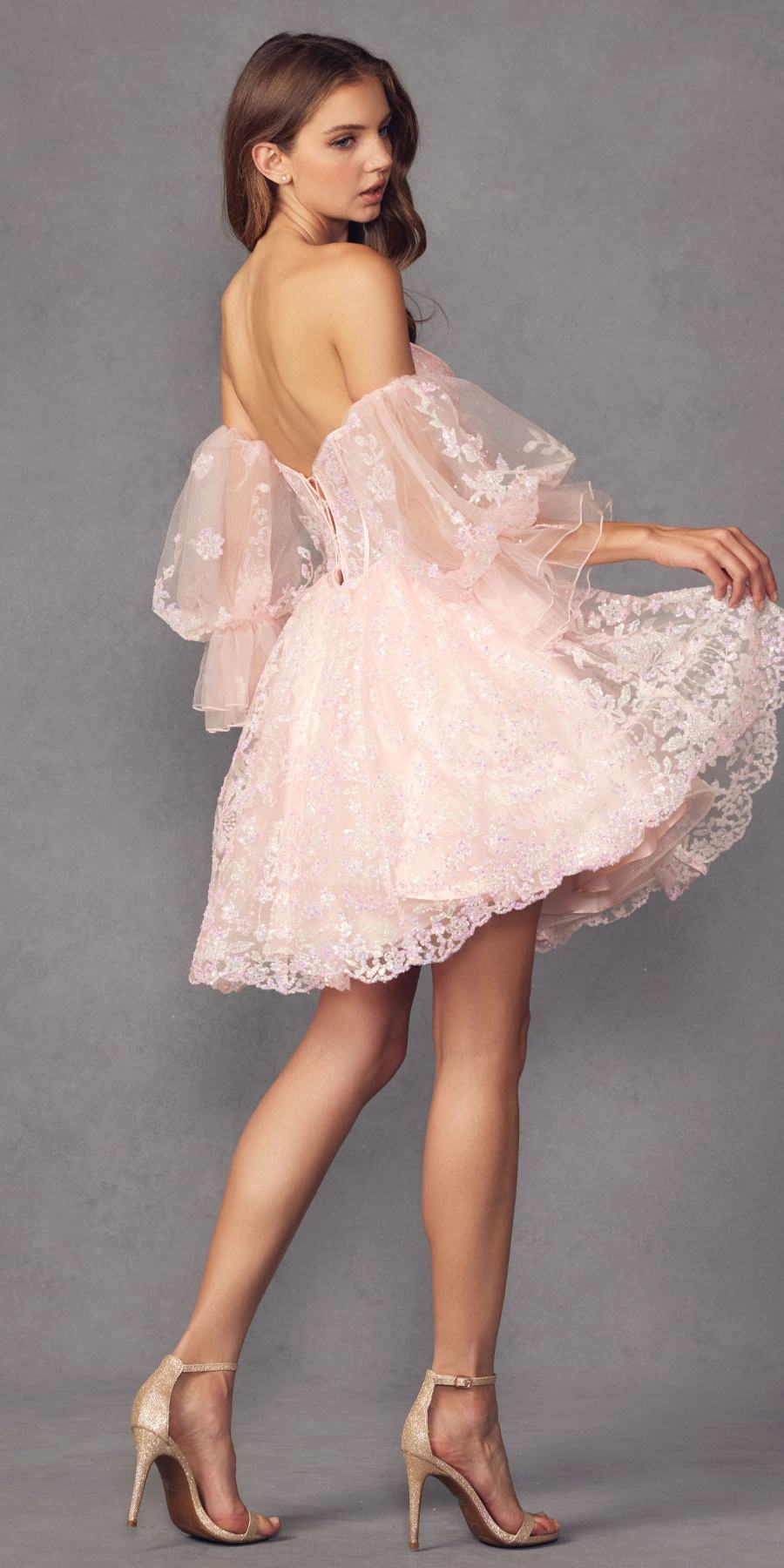 Blush A-line short dress with corset bodice and detachable sheer puff sleeves, side view