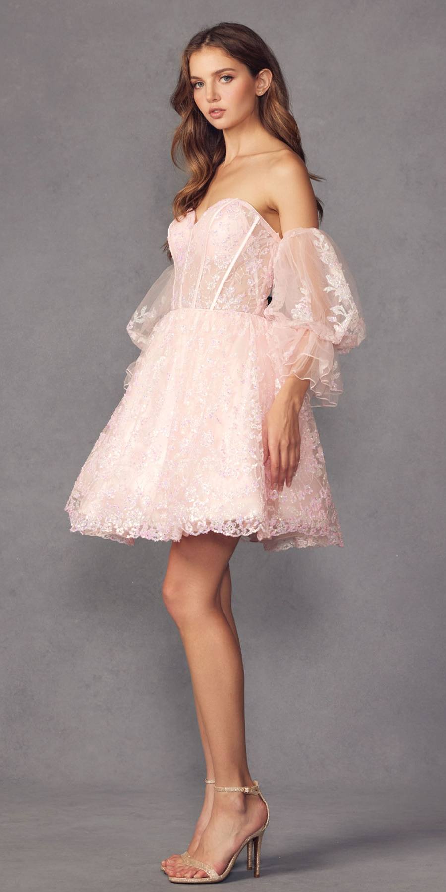 Blush A-line short dress with off-shoulder corset bodice and sheer puff sleeves
