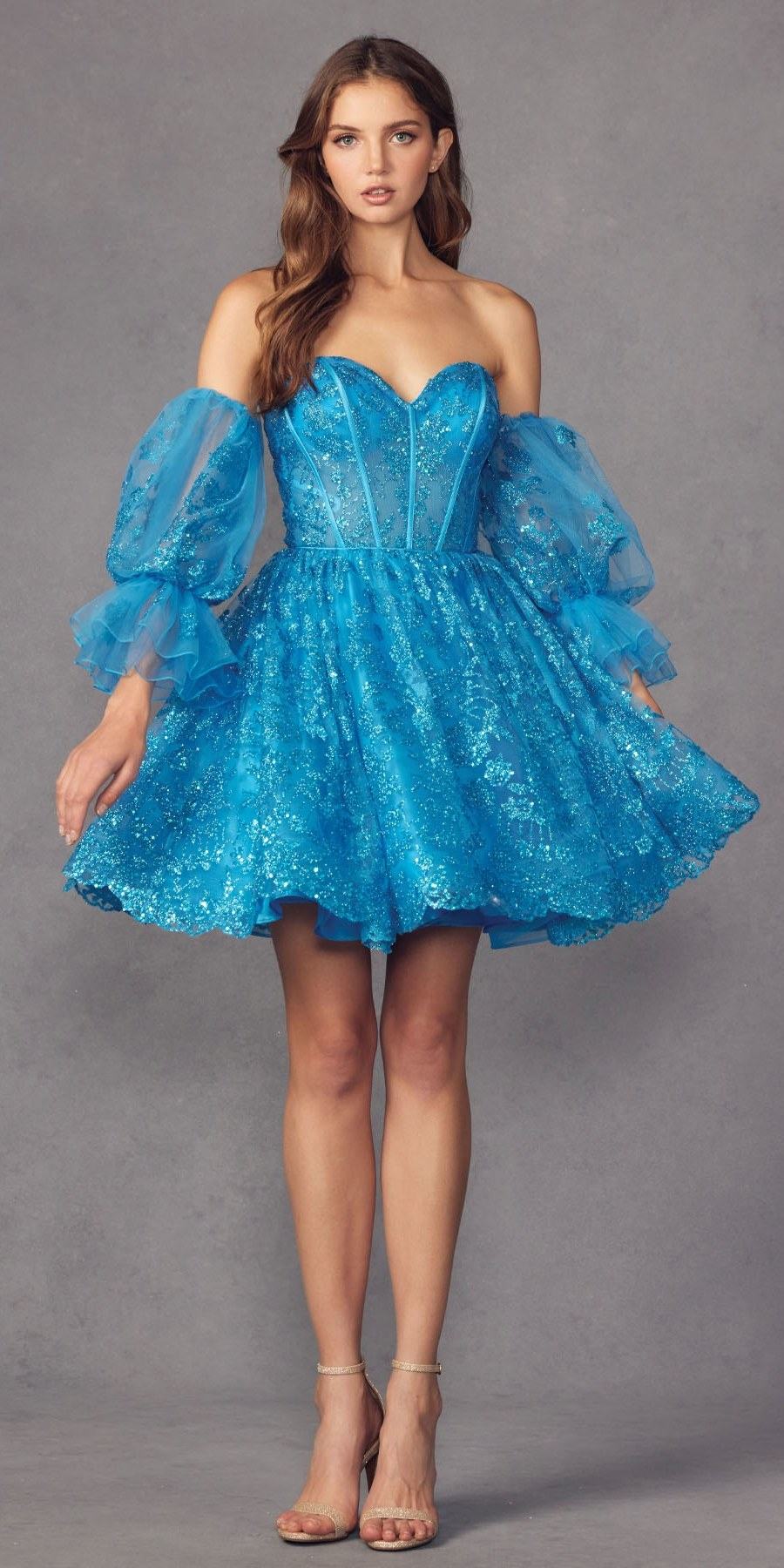 Blue glitter A-line short dress with sweetheart bodice and layered detachable puff sleeves