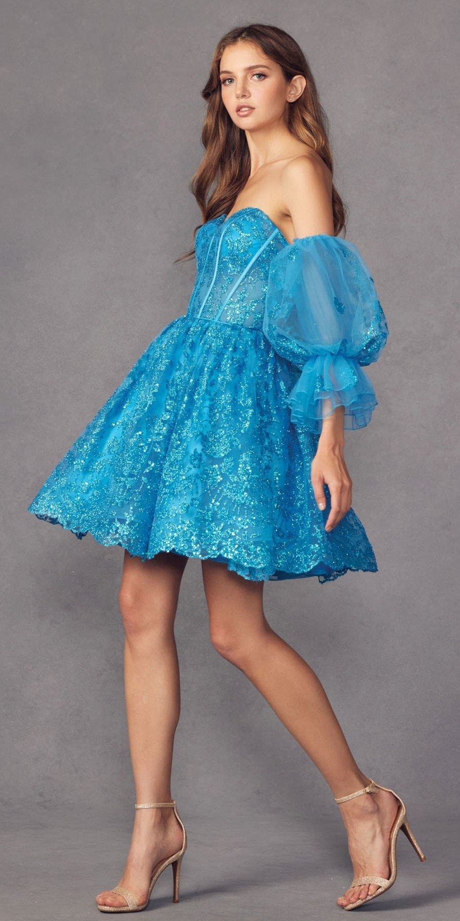 Blue glitter A-line short dress with off-shoulder neckline and detachable puff sleeves
