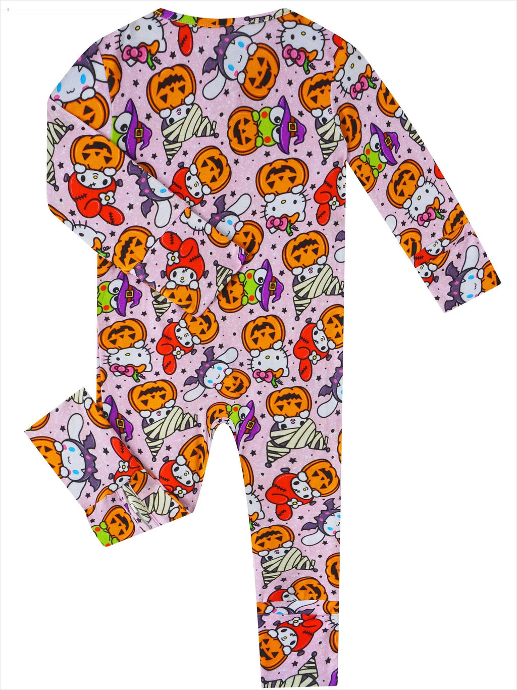 Baby bamboo romper, light lavender with Halloween pumpkin character print, long sleeves