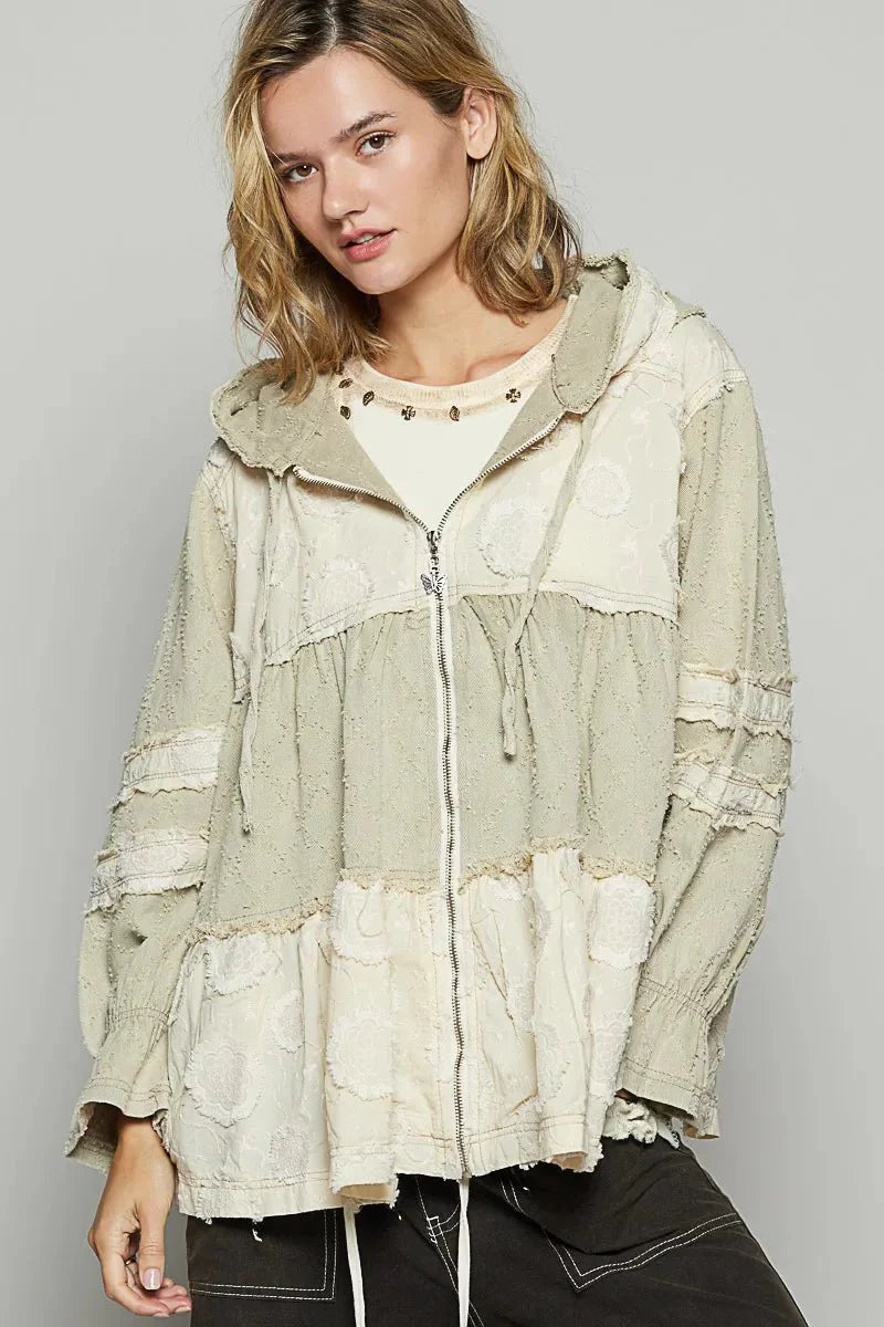 POL Raw Hem Color Block Hooded Jacket