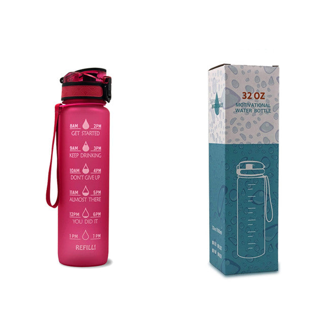 1L motivational time-marker water bottle with bounce cover, magenta-pink gradient, carry loop