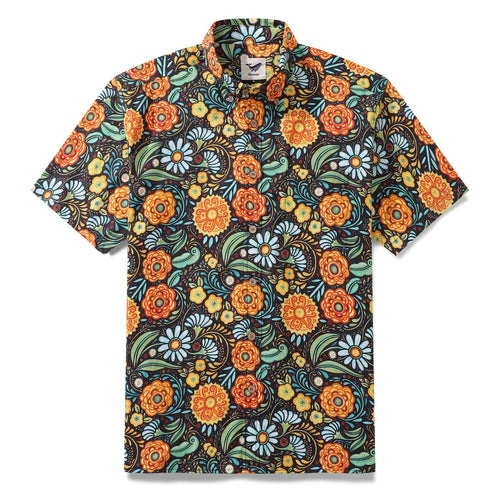 Men's short-sleeve button-down shirt with colorful floral tropical print