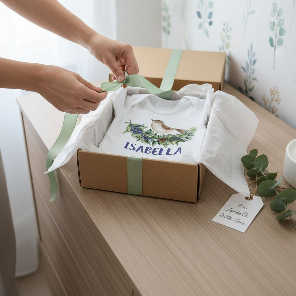 White infant bodysuit in a gift box: woodland bird wreath with 'ISABELLA' front print