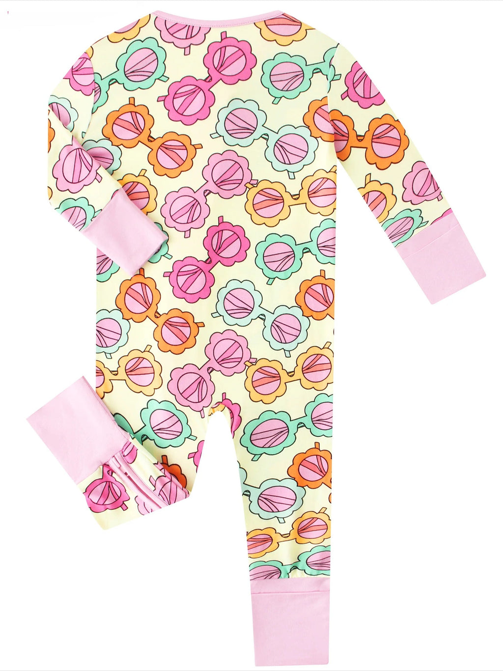 Baby long-sleeve romper back view with pastel flower print and pink cuffed sleeves