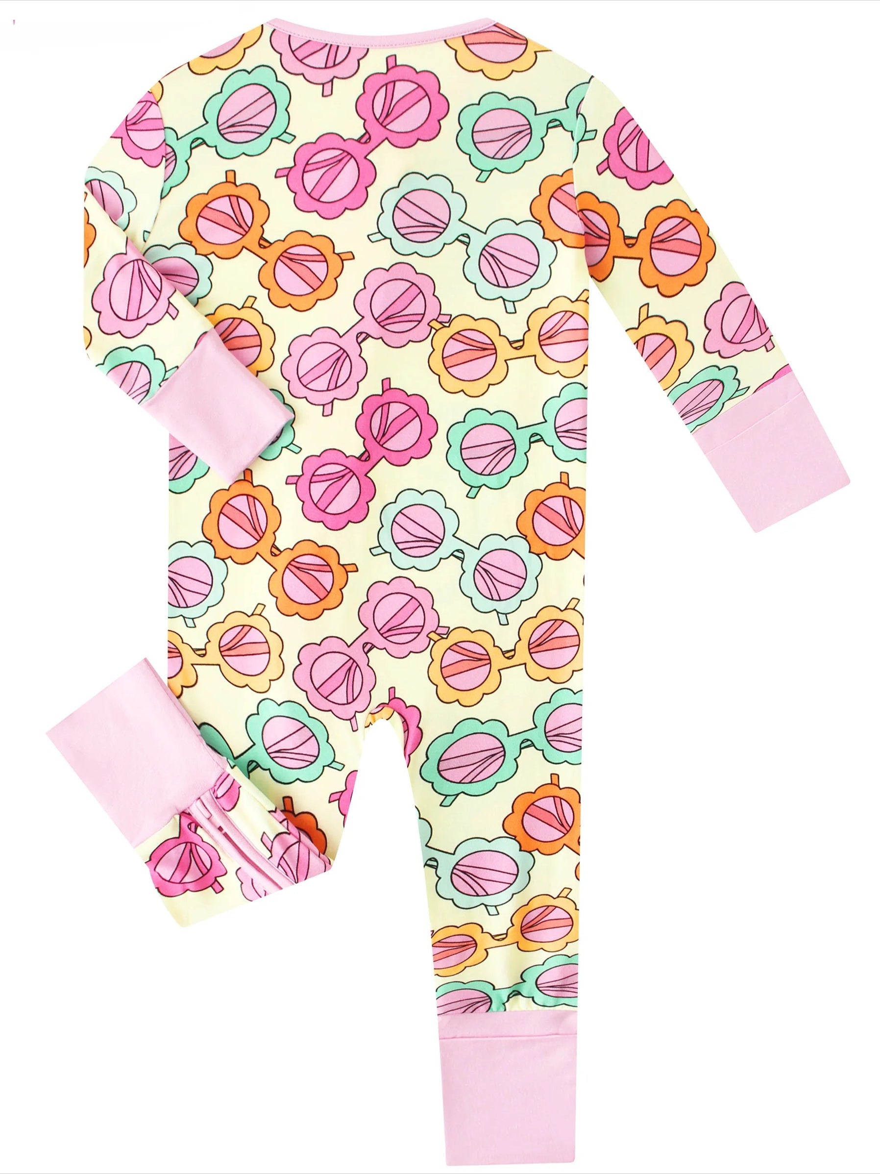 Baby long-sleeve romper back view with pastel flower print and pink cuffed sleeves