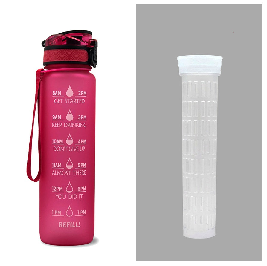 1L time-marker water bottle in red-to-magenta with motivational schedule and carry strap