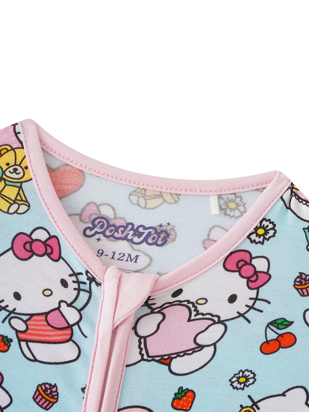 Bamboo baby romper neckline with pink trim and Hello Kitty friends graphic
