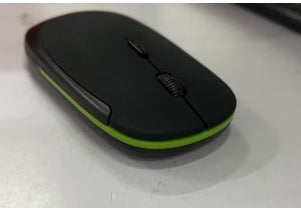 Black wireless mouse with green trim, angled top view