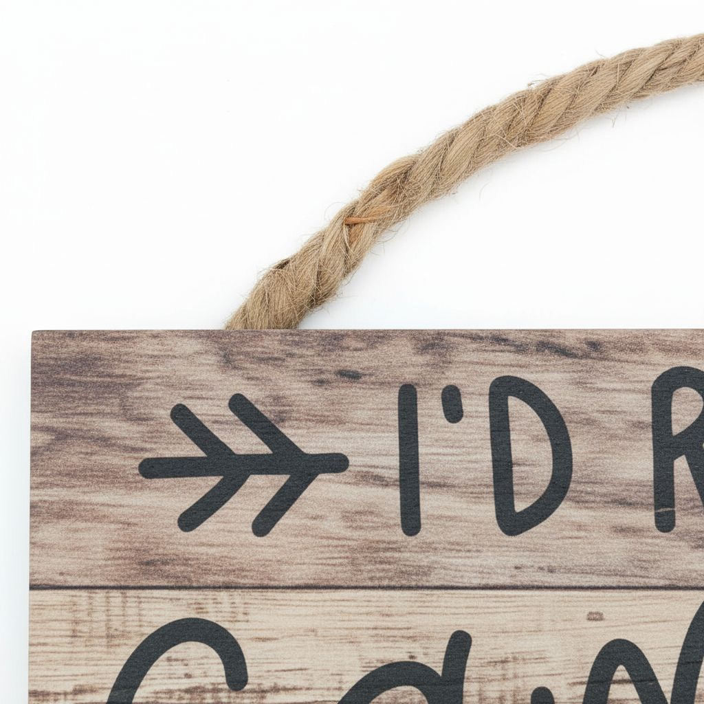 Close-up of hanging wooden sign showing arrow and partial 'I'd rather be' lettering