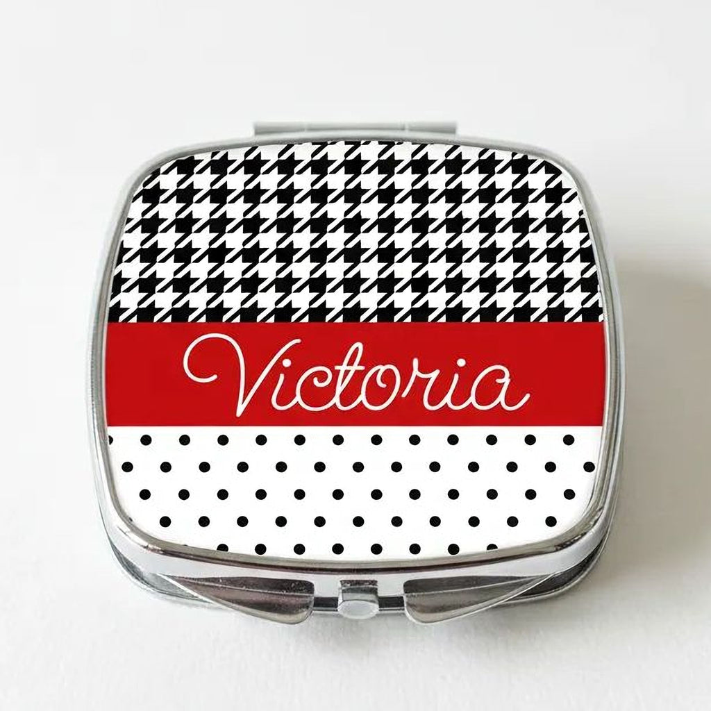 Personalized compact mirror with houndstooth top, red “Victoria” label, and dotted bottom