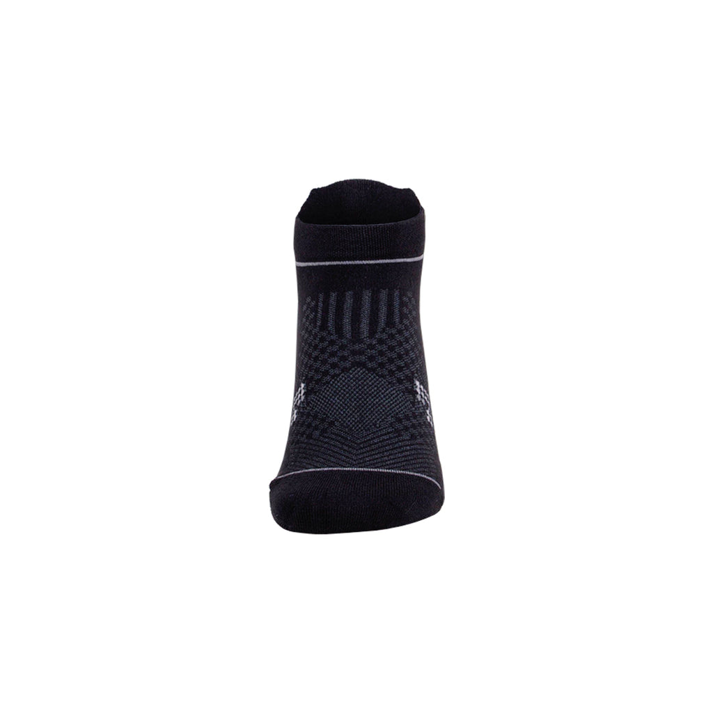 Black ankle sock back view with gray patterned band, bamboo blend