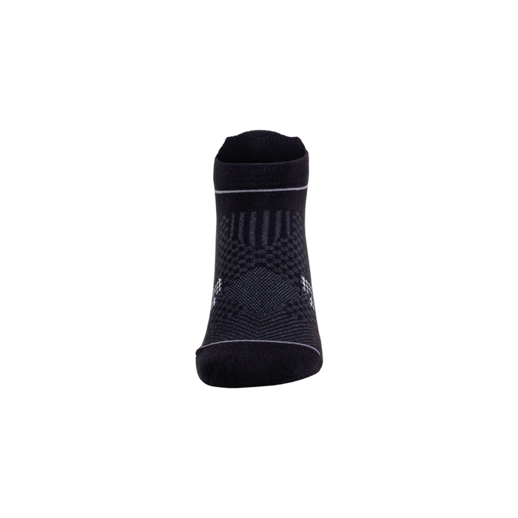 Black ankle sock back view with gray patterned band, bamboo blend