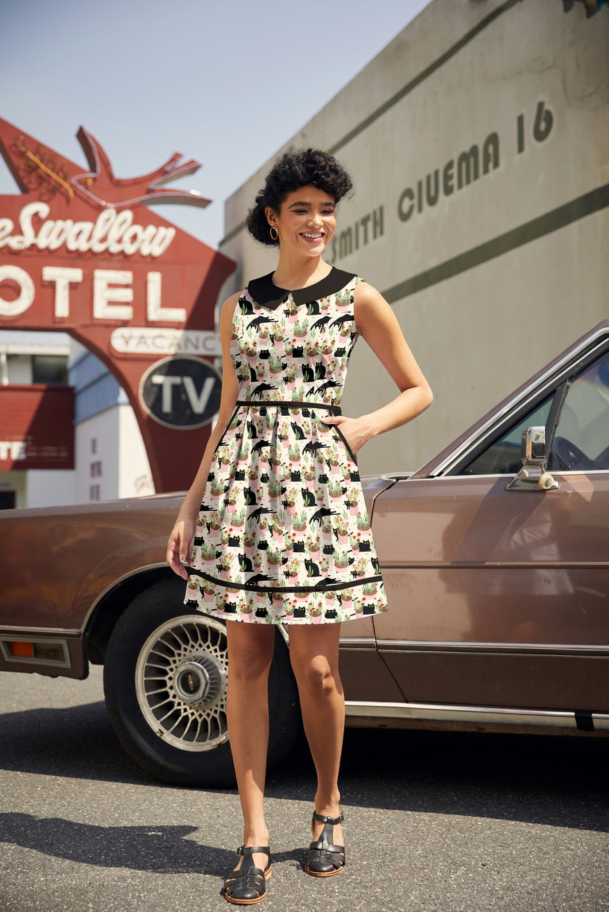 Cats & Plants Collared Dress - Plus Sizes only