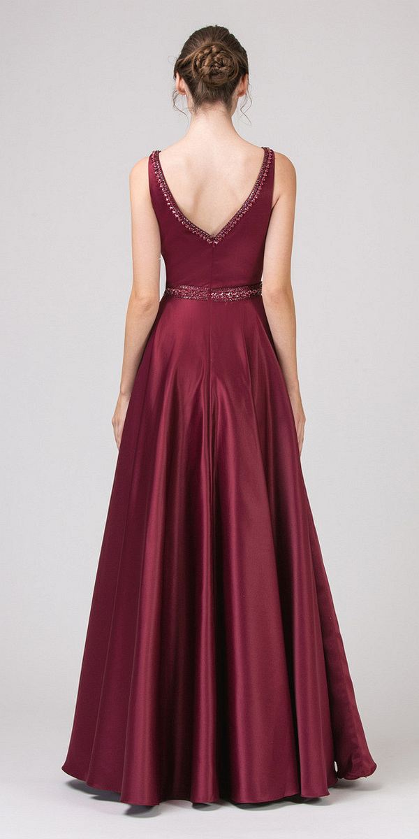 Back view burgundy embellished long prom dress, V-back, sleeveless, bead-trim waist, full skirt