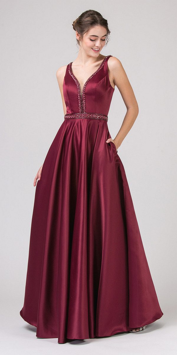 Burgundy embellished long prom dress, V-neck, sleeveless, bead-trim waist, full A-line skirt