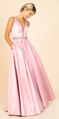 Dusty rose embellished long prom dress, V-neck, sleeveless, bead-trim waist, flared skirt