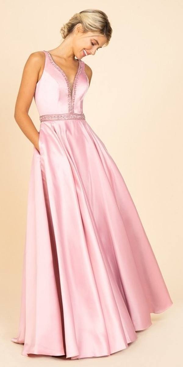 Dusty rose embellished long prom dress, V-neck, sleeveless, bead-trim waist, flared skirt