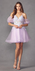 Lavender glitter tulle A-line dress with removable puff sleeves and floral bodice