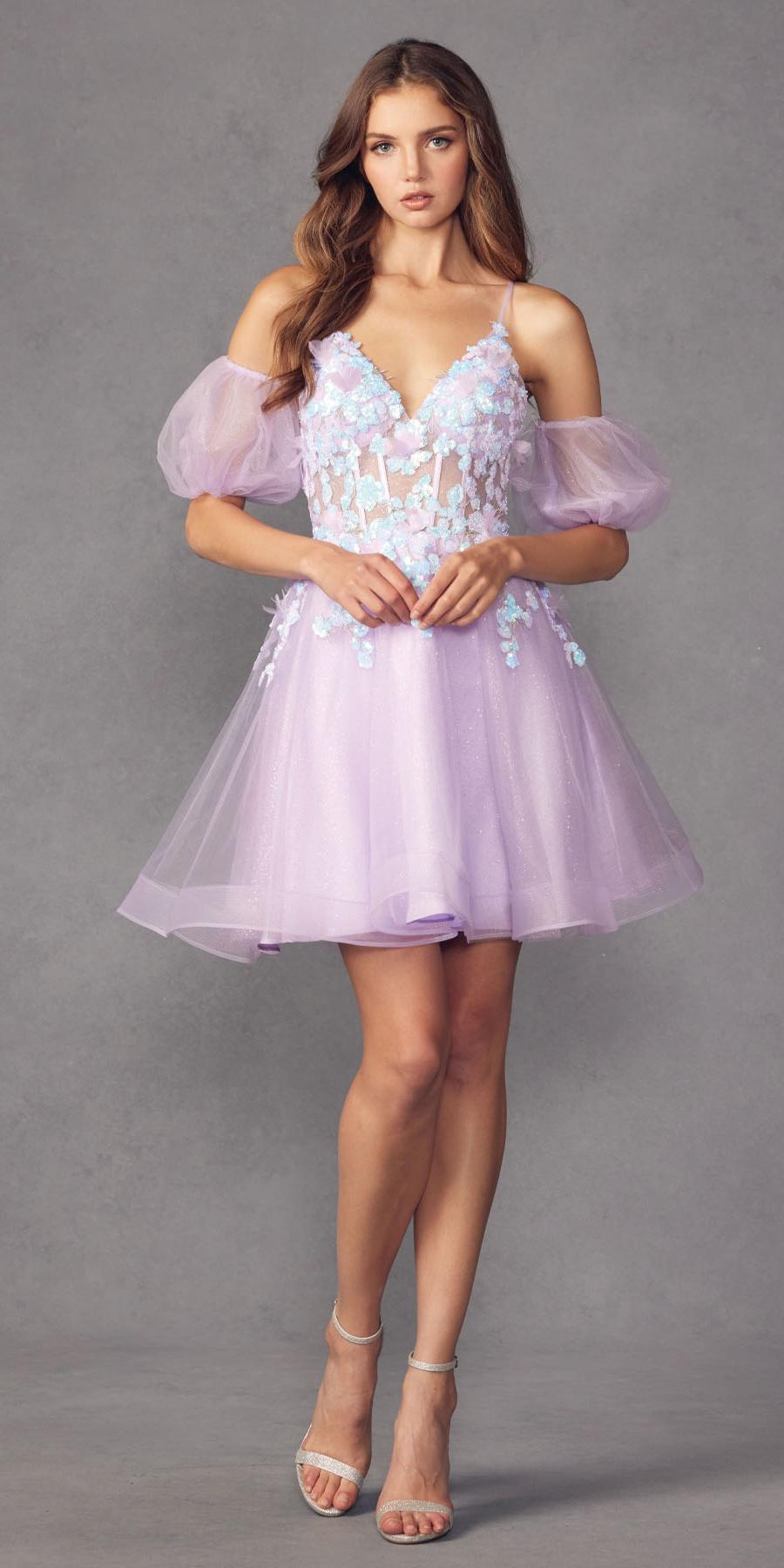 Lavender glitter tulle A-line dress with removable puff sleeves and floral bodice