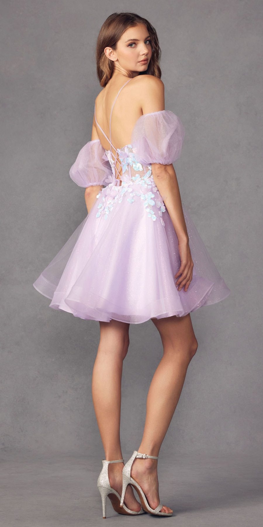 Lavender glitter tulle A-line dress with removable puff sleeves, open back